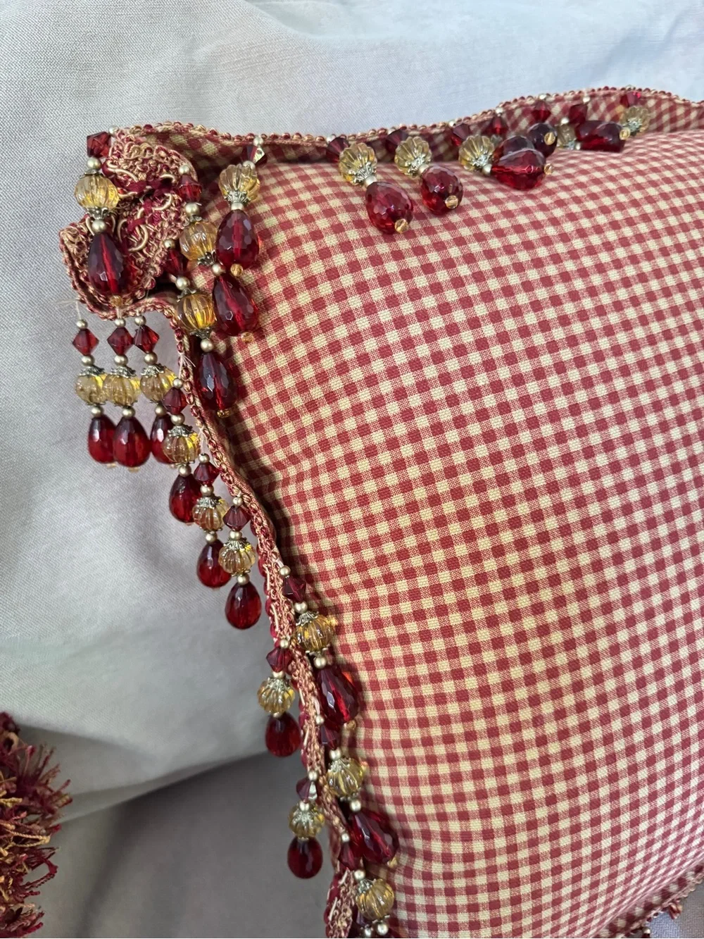 French Country Cottage Red Ivory English Toile Check Tassels Beaded Foam Pillow
